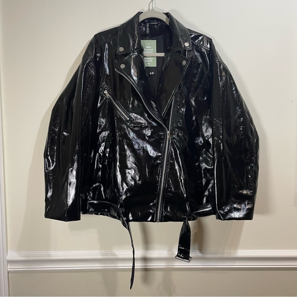 H&M Black Patent Biker Jacket Oversized Small NWT High Shine - Picture 4 of 8